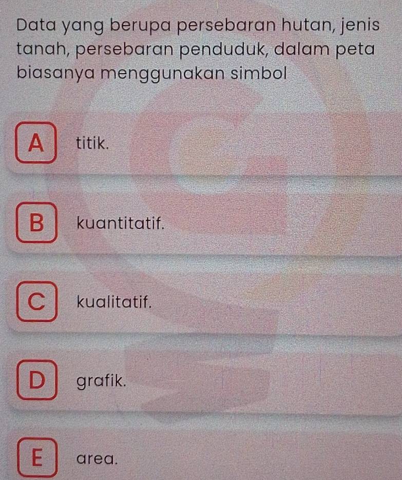 Data yang berupa persebaran hutan, jenis
tanah, persebaran penduduk, dalam peta
biasanya menggunakan simbol
A titik.
B kuantitatif.
kualitatif.
Dgrafik.
E area.