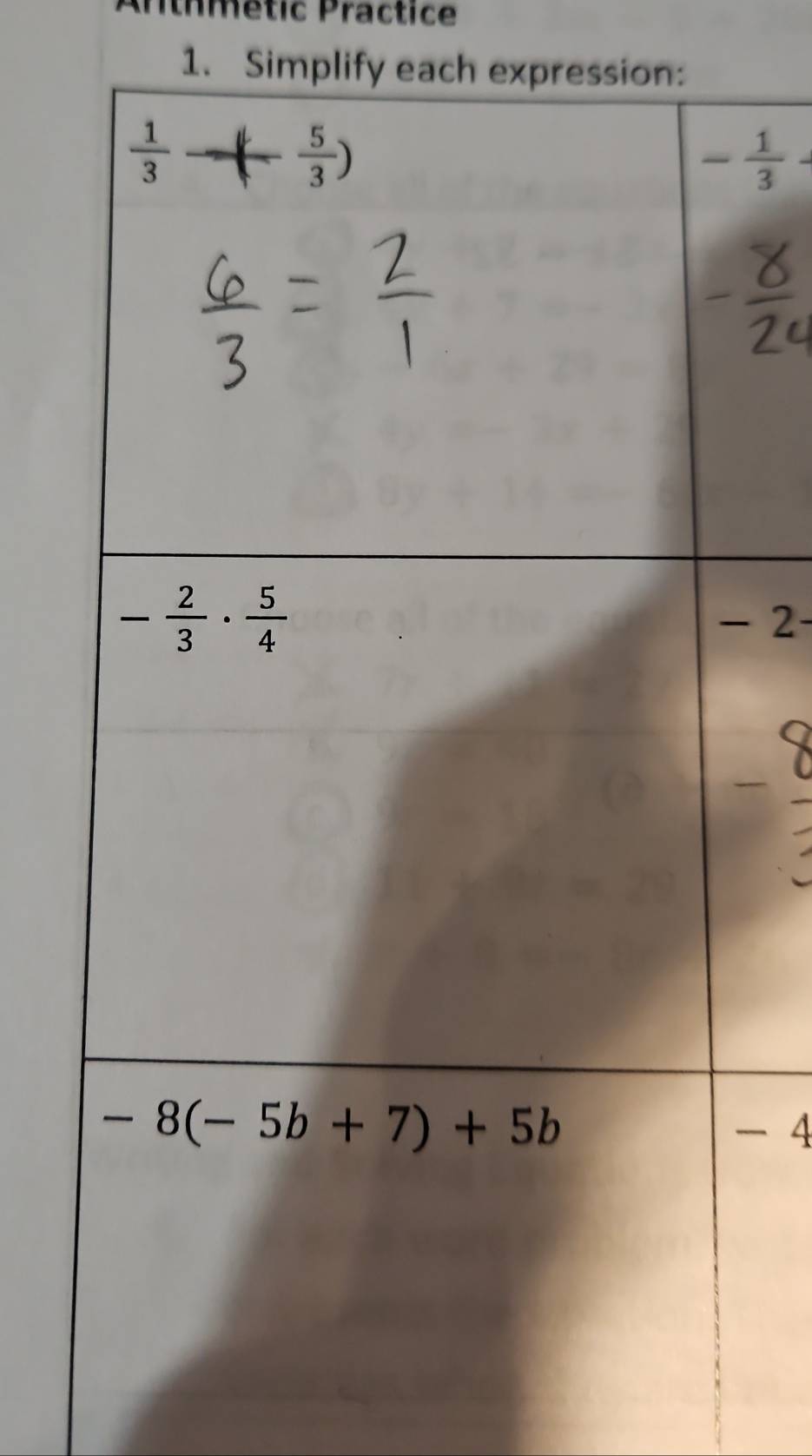 Solved: nthmétic Practice 1. Simplify each expression: - 1/3 - 2 - 4 [Math]