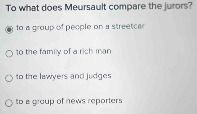 To what does Meursault compare the jurors?
to a group of people on a streetcar
to the family of a rich man
to the lawyers and judges
to a group of news reporters