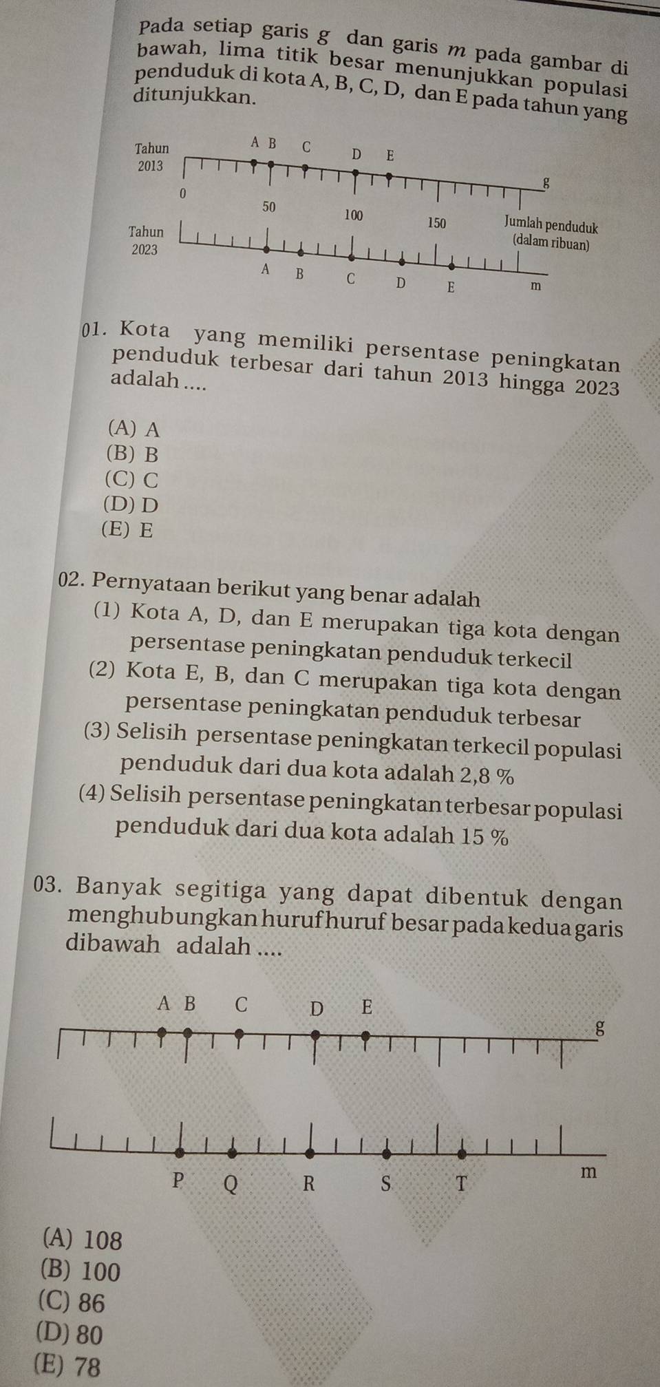 Pada setiap garis g dan garis m pada gambar di
bawah, lima titik besar menunjukkan populasi
penduduk di kota A, B, C, D, dan E pada tahun yang
ditunjukkan.
01. Kota yang memiliki persentase peningkatan
penduduk terbesar dari tahun 2013 hingga 2023
adalah ....
(A) A
(B) B
(C) C
(D) D
(E) E
02. Pernyataan berikut yang benar adalah
(1) Kota A, D, dan E merupakan tiga kota dengan
persentase peningkatan penduduk terkecil
(2) Kota E, B, dan C merupakan tiga kota dengan
persentase peningkatan penduduk terbesar
(3) Selisih persentase peningkatan terkecil populasi
penduduk dari dua kota adalah 2,8 %
(4) Selisih persentase peningkatan terbesar populasi
penduduk dari dua kota adalah 15 %
03. Banyak segitiga yang dapat dibentuk dengan
menghubungkan huruf huruf besar pada kedua garis
dibawah adalah ....
(A) 108
(B) 100
(C) 86
(D) 80
(E) 78