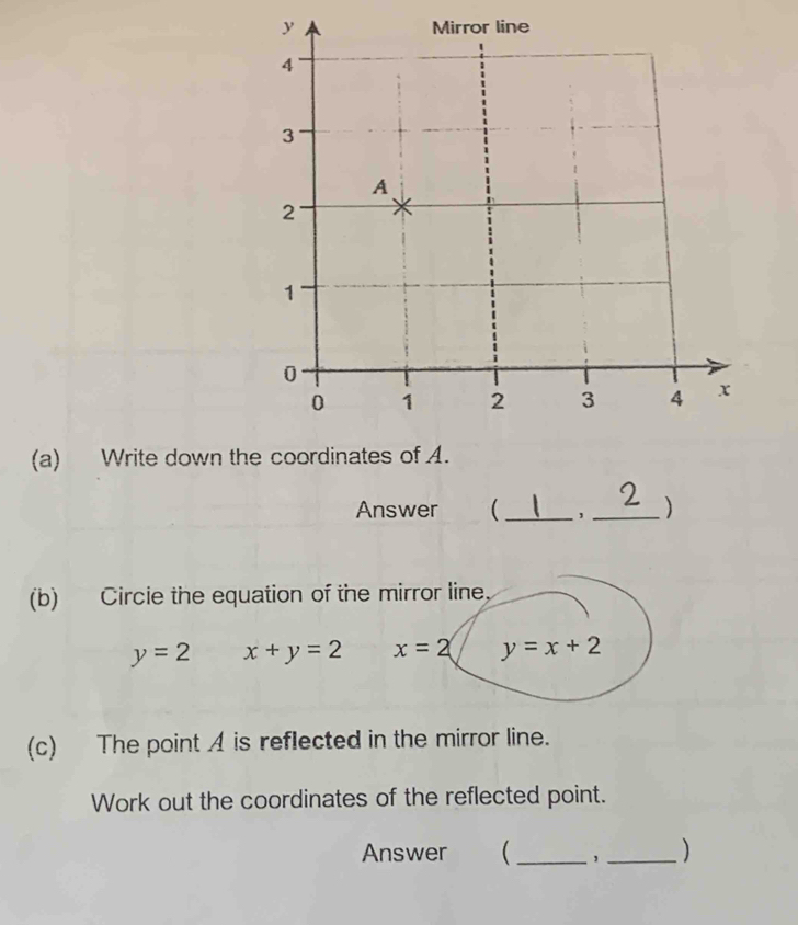 Write down the coordin
Answer ( __
(b) Circie the equation of the mirror line,
y=2 x+y=2 x=2 y=x+2
(c) The point A is reflected in the mirror line.
Work out the coordinates of the reflected point.
Answer ( __)