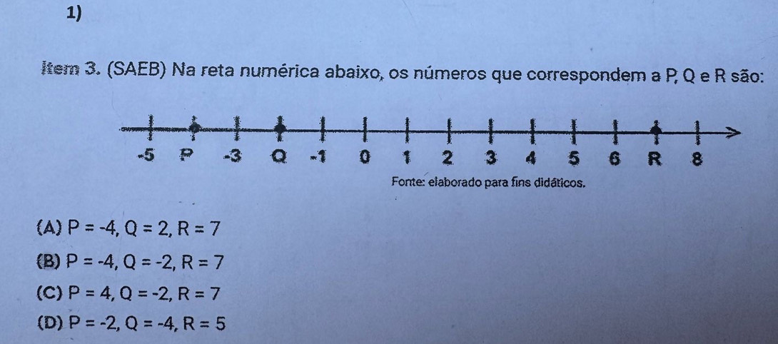 ltem 3. (SAEB) Na reta numérica abaixo, os números que correspondem a P, Q e R são:
Fonte: elaborado para fins didáticos.
(A) P=-4, Q=2, R=7
(B) P=-4, Q=-2, R=7
(C) P=4, Q=-2, R=7
(D) P=-2, Q=-4, R=5