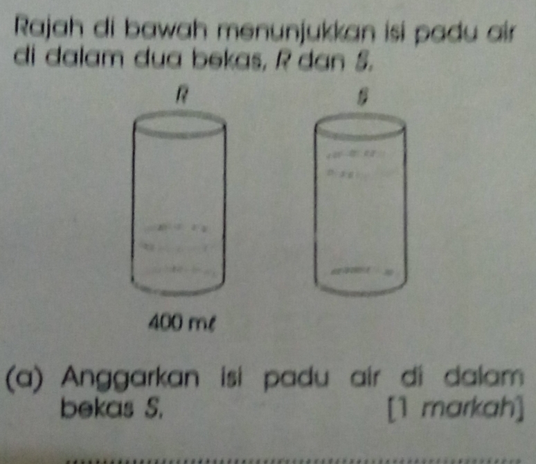 Rajah di bawah menunjukkan isi padu air 
di dalam dua bekas, R dan S. 
(a) Anggarkan isi padu air di dalam 
bekas S. [1 markah]