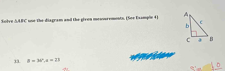 Solve △ ABC use the diagram and the given measurements. (See Example 4) 
33. B=36°, a=23