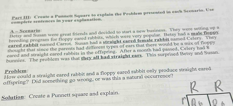 Part III: Create a Punnett Square to explain the Problem presented in each Scenario. Use 
complete sentences in your explanation. 
A - Scenario: 
Betsy and Susan were great friends and decided to start a new business. They were setting up a 
breeding program for floppy eared rabbits, which were very popular. Betsy had a male floppy 
eared rabbit named Carrot. Susan had a straight eared female rabbit named Celery. They 
thought that since the parents had different types of ears that there would be a mix of floppy 
eared and straight eared rabbits in the offspring. After a month had passed, Celery had 8
bunnies. The problem was that they all had straight cars. This surprised Betsy and Susan. 
Problem: 
How could a straight eared rabbit and a floppy eared rabbit only produce straight eared 
offspring? Did something go wrong, or was this a natural occurrence? 
Solution: Create a Punnett square and explain.