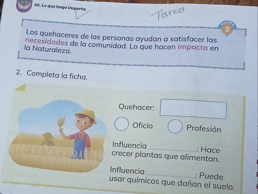 Lo que hago importa 
2 
Los quehaceres de las personas ayudan a satisfacer las 
necesidades de la comunidad. Lo que hacen impacta en 
la Naturaleza. 
2. Completa la ficha. 
Quehacer: 
Oficio Profesión 
nfluencia _: Hace 
recer plantas que alimentan. 
nfluencia _: Puede 
usar químicos que dañan el suelo.