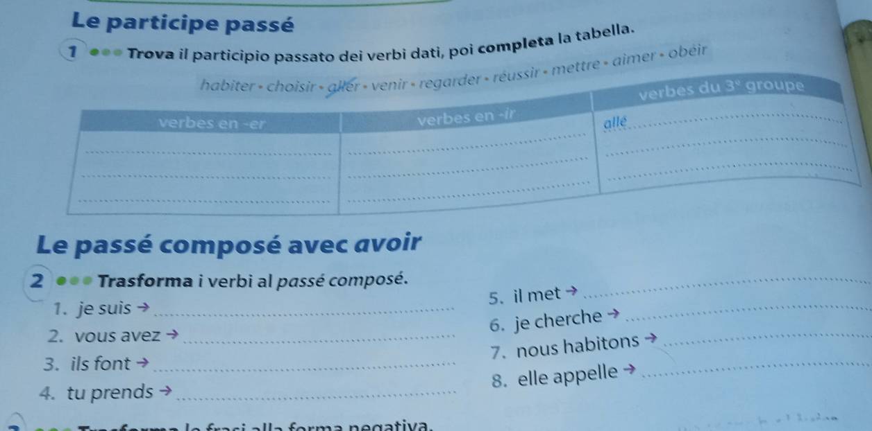 Le participe passé
1 *** Trova il particípio passato dei verbi dati, poi completa la tabella.
tre » aimer » obéir
Le passé composé avec avoir
2 ●●* Trasforma i verbi al passé composé._
5. il met
1. je suis_
6. je cherche
_
2. vous avez_
_
7. nous habitons
_
3. ils font →_
8. elle appelle
4. tu prends_