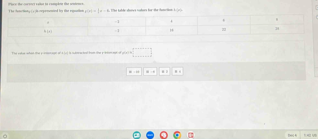 Place the correct value to complete the sentence.
The functiong (æ)is represented by the equation g(x)= 1/5 x-6,. The table shows values for the function h(x).
The value when the y-intercept of h(x) is subtracted from the y-intercept of g(x)is□
22 - 10 ::-6 = 2 : 4
Dec 4 1:42 US