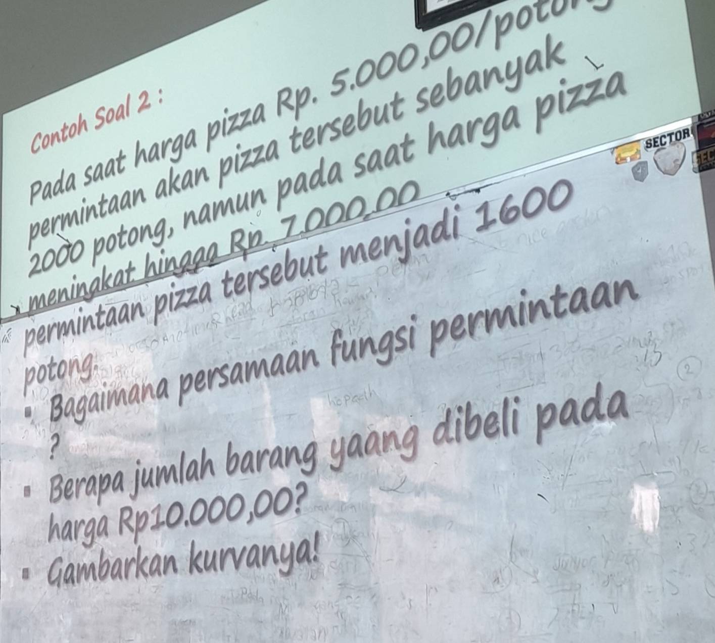 ada saat harga pizza Rp. 5, 000, 00/ pot0
Contoh Soal 2. 
ermintaan akan pizza tersebut sebanyal 
SECTOH
2000 potong, namun pada saat harga pizz 
meninakat hinagg Bi 700000
permintaan pizza tersebut menjadi 1600
Bagaimana persamaan fungsipermintaan 
potong 
Berapa jumlah barang yaang dibeli pada 
? 
harga RpI0, 000, 00? 
Gambarkan kurvanya!