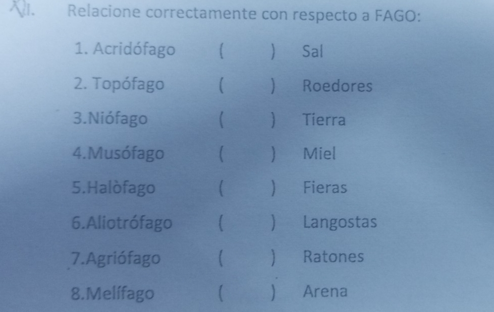 Relacione correctamente con respecto a FAGO: 
1. Acridófago  Sal 
2. Topófago  ) Roedores 
3.Niófago   Tierra 
4. Musófago   Miel 
5.Halòfago ( ) Fieras 
6. Aliotrófago ) Langostas 
7.Agriófago Ratones 
8.Melífago Arena