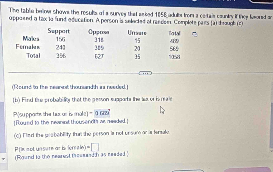 The table below shows the results of a survey that asked 1058 adults from a certain country if they favored or 
opposed a tax to fund education. A person is selected at random. Complete parts (a) through (c) 
Support Oppose Unsure Total 
Males 156 318 15 489
Females 240 309 20 569
Total 396 627 35 1058
(Round to the nearest thousandth as needed.) 
(b) Find the probability that the person supports the tax or is male
P (supports the tax or is male) =0.689
(Round to the nearest thousandth as needed.) 
(c) Find the probability that the person is not unsure or is female 
P(is not unsure or is female) =□
(Round to the nearest thousandth as needed )