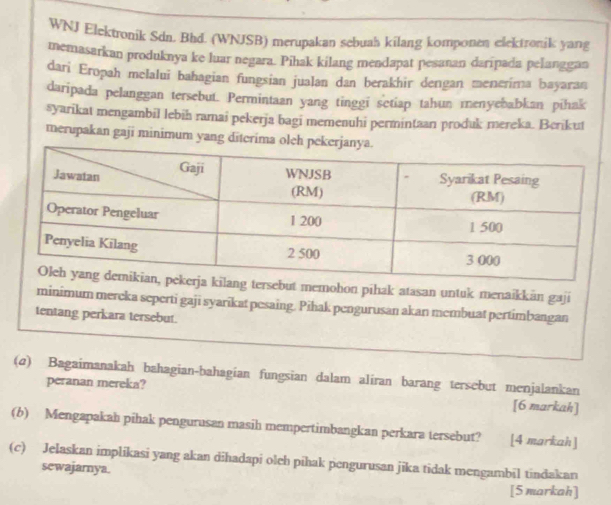 WNJ Elektronik Sdn. Bhd. (WNJSB) merupakan sebuah kilang komponen elektronik yang 
memasarkan produknya ke luar negara. Pihak kilang mendapat pesanan daripada pelanggan 
dari Eropah melalui bahagian fungsian jualan dan berakhir dengan menerima bayaran 
daripada pelanggan tersebut. Permintaan yang tinggi setiap tahun menyebabkan pihak 
syarikat mengambil lebih ramai pekerja bagi memenuhi permintaan produk mereka. Berikut 
merupakan gaji minimum yang diterima ole 
tersebut memohon pihak atasan untuk menaikkān gaji 
minimum mereka seperti gaji syarikat pesaing. Pihak pengurusan akan membuat pertimbangan 
tentang perkara tersebut. 
(@) Bagaimanakah bahagian-bahagian fungsian dalam aliran barang tersebut menjalankan 
peranan mereka? [6 markah] 
(b) Mengapakah pihak pengurusan masih mempertimbangkan perkara tersebut? [4 markah] 
(c) Jelaskan implikasi yang akan dihadapi oleh pihak pengurusan jika tidak mengambil tindakan 
sewajarnya. 
[5 markah]