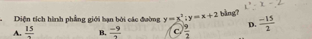 Diện tích hình phẳng giới hạn bởi các đường y=x^2; y=x+2 bằng?
A.  15/2  B.  (-9)/2  C.  9/2  D.  (-15)/2 