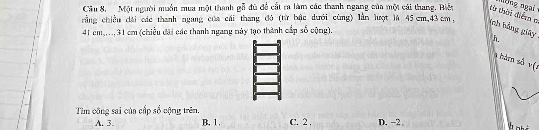 nồng ngại
Câu 8. Một người muốn mua một thanh gỗ đủ đề cắt ra làm các thanh ngang của một cái thang. Biết từ thời điểm n (nh bằng giây
rằng chiều dài các thanh ngang của cái thang đó (từ bậc dưới cùng) lần lượt là 45cm, 43 cm,
41 cm,., 31 cm (chiều dài các thanh ngang này tạo thành cấp số cộng).
h.
hàm số v(
Tìm công sai của cấp số cộng trên.
A. 3. B. 1. C. 2. D. -2.
h nh à