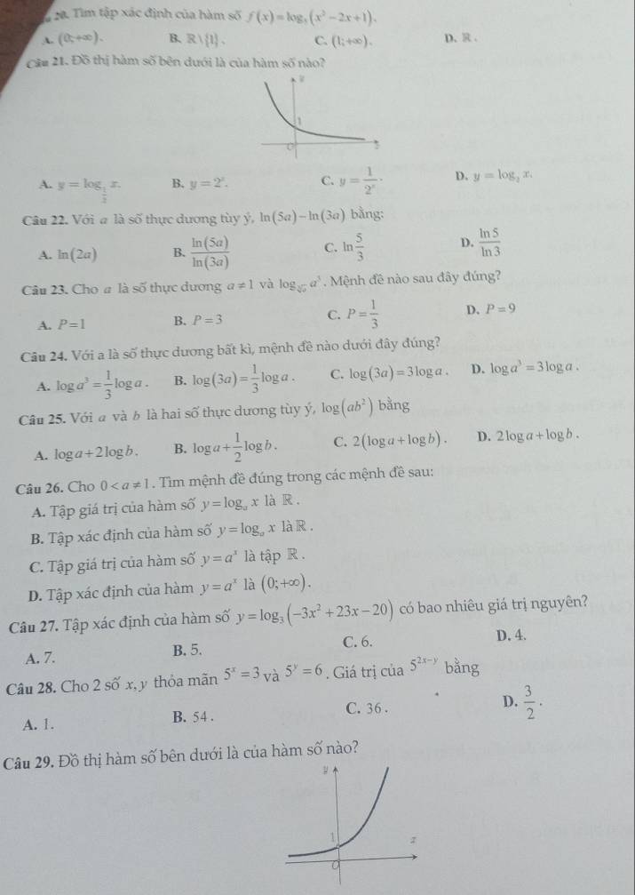 #2a. Tìm tập xác định của hàm số f(x)=log _3(x^2-2x+1).
A. (0,+∈fty ). B. R) 1 . C. (1;+∈fty ). D. R .
Câu 21. Đồ thị hàm số bên dưới là của hàm số nào?
A. y=log _ 1/3 x.
B. y=2^x. C. y= 1/2^x · D. y=log _2x.
Câu 22. Với a là số thực dương tùy ý, ln (5a)-ln (3a) bằng:
D.
A. ln (2a) B.  ln (5a)/ln (3a)  C. ln  5/3   ln 5/ln 3 
Câu 23. Cho # là số thực dương a!= 1 và log _sqrt[3](2)a^3. Mệnh đề nào sau đây đúng?
A. P=1 B. P=3 C. P= 1/3  D. P=9
Câu 24. Với a là số thực dương bất kì, mệnh đề nào dưới đây đúng?
A. log a^3= 1/3 log a. B. log (3a)= 1/3 log a. C. log (3a)=3log a. D. log a^3=3log a.
Câu 25. Với a và b là hai số thực dương tùy ý, log (ab^2) 1 bằng
A. log a+2log b. B. log a+ 1/2 log b. C. 2(log a+log b). D. 2log a+log b.
Câu 26. Cho 0. Tìm mệnh đề đúng trong các mệnh đề sau:
A. Tập giá trị của hàm số y=log _ax là R .
B. Tập xác định của hàm số y=log _ax là R .
C. Tập giá trị của hàm số y=a^x là tập R .
D. Tập xác định của hàm y=a^x là (0;+∈fty ).
Câu 27. Tập xác định của hàm số y=log _3(-3x^2+23x-20) có bao nhiêu giá trị nguyên?
A. 7.
B. 5. C. 6.
D. 4.
Câu 28. Cho 2 số x, y thỏa mãn 5^x=3_Va5^y=6 Giá trị của 5^(2x-y) bằng
A. 1. B. 54 . C. 36 . D.  3/2 ·
Câu 29. Đồ thị hàm số bên dưới là của hàm số nào?