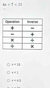 4x+7<11</tex>
x<16</tex>
x<1</tex>
x<4.5