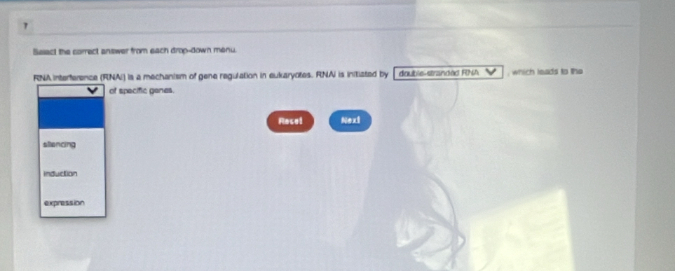 Select the correct answer from each drop-down menu.
RNA interference (RNAI) is a mechanism of gene regulation in eukaryotes. RNAI is initiated by double-stranded RNA ,which leads to the 
of specific genes.
Rosel Next
sliencing
induction
expression