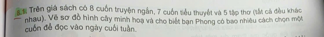 Trên giá sách có 8 cuốn truyện ngắn, 7 cuốn tiểu thuyết và 5 tập thơ (tất cả đều khác 
nhau). Vẽ sơ đồ hình cây minh hoạ và cho biết bạn Phong có bao nhiêu cách chọn một 
cuốn để đọc vào ngày cuối tuần.