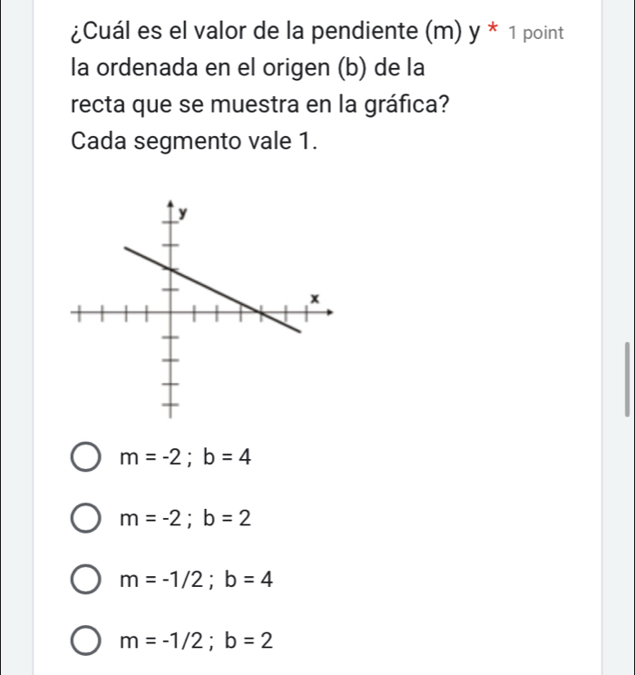 ¿Cuál es el valor de la pendiente (m) y * 1 point
la ordenada en el origen (b) de la
recta que se muestra en la gráfica?
Cada segmento vale 1.
m=-2; b=4
m=-2; b=2
m=-1/2; b=4
m=-1/2; b=2