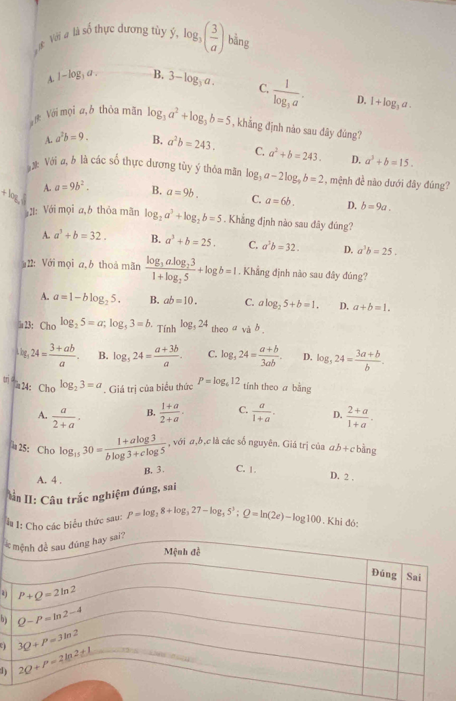 18: Với a là số thực dương tủy ý, log _3( 3/a ) bằng
A. 1-log _3a.
B. 3-log _3a. C. frac 1log _3a. D. 1+log _3a.
* 19: Với mọi a,b thỏa mãn log _3a^2+log _3b=5 , khẳng định nào sau đây đúng?
A. a^2b=9.
B. a^2b=243. C. a^2+b=243. D. a^3+b=15.
# 20: Với a, b là các số thực dương tùy ý thỏa mãn log _3a-2log _9b=2 , mệnh đề nào dưới đây đúng?
+log _a A. a=9b^2.
B. a=9b. C. a=6b. D. b=9a.
21: Với mọi a,b thỏa mãn log _2a^3+log _2b=5. Khẳng định nào sau đây đúng?
A. a^3+b=32. B. a^3+b=25. C. a^3b=32. D. a^3b=25.
2: Với mọi a, b thoả mãn frac log _3a.log _231+log _25+log b=1. Khẳng định nào sau dây đúng?
A. a=1-blog _25. B. ab=10. C. alog _25+b=1. D. a+b=1.
i 23: Cho log _25=a;log _53=b. Tính log _524 theo a và b
Llog ,24= (3+ab)/a . B. log _524= (a+3b)/a . C. log _524= (a+b)/3ab . D. log _524= (3a+b)/b .
tri ca log _23=a. Giá trị của biểu thức P=log _612 tính theo a bằng
iu 24: Cho
B.
A.  a/2+a ·  (1+a)/2+a . C.  a/1+a .  (2+a)/1+a .
D.
l 25: Cho log _1530= (1+alog 3)/blog 3+clog 5 , , với a,b,c là các số nguyên. Giá trị của ab+ c bàng
B. 3 . C. 1.
A. 4 .
D. 2 .
â n I: Câu trắc nghiệm đúng, sai
*  1: Cho các biểu thức sau: P=log _28+log _327-log _55^3;Q=ln (2e)-log 100. Khi đó:
 
a )
b)
C)
d)