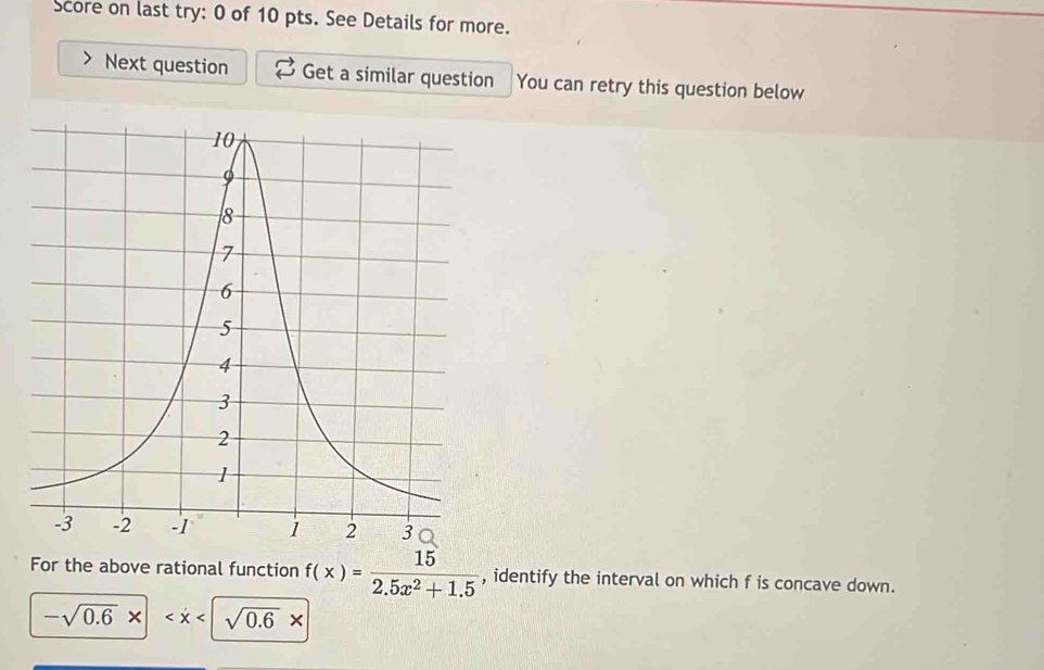 Score on last try: 0 of 10 pts. See Details for more. 
Next question Get a similar question You can retry this question below 
For the above rational function f(x)= 15/2.5x^2+1.5  , identify the interval on which f is concave down.
-sqrt(0.6)* sqrt(0.6)*