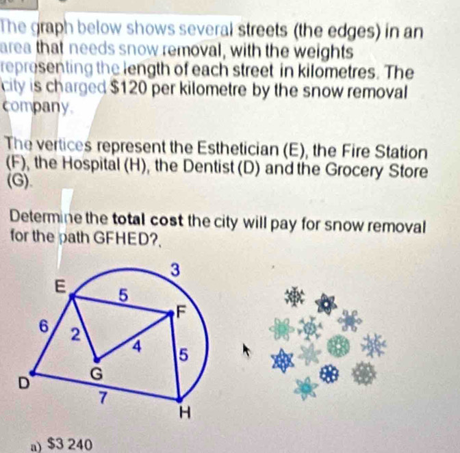 The graph below shows several streets (the edges) in an
area that needs snow removal, with the weights
representing the length of each street in kilometres. The
city is charged $120 per kilometre by the snow removal
company.
The vertices represent the Esthetician (E), the Fire Station
(F), the Hospital (H), the Dentist (D) and the Grocery Store
(G).
Determine the total cost the city will pay for snow removal
for the path GFHED?.
a) $3 240