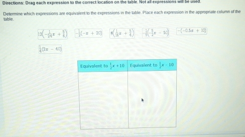 Directions: Drag each expression to the correct location on the table. Not all expressions will be used.
table. Determine which expressions are equivalent to the expressions in the table. Place each expression in the appropriate column of the
12(- 1/24 x+ 5/6 ) - 1/2 (-x+20) 8( 1/16 x+ 5/4 )  1/5 (- 5/2 x-50) -(-0.5x+10)
 1/4 (2x-40)