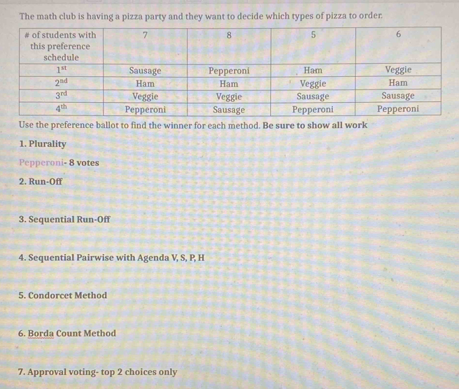 The math club is having a pizza party and they want to decide which types of pizza to order
Use the preference ballot to find the winner for each method. Be sure to show all work
1. Plurality
Pepperoni- 8 votes
2. Run-Off
3. Sequential Run-Off
4. Sequential Pairwise with Agenda V, S, P, H
5. Condorcet Method
6. Borda Count Method
7. Approval voting- top 2 choices only