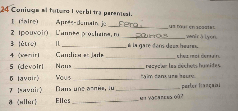 Coniuga al futuro i verbi tra parentesi. 
1 (faire) Après-demain, je _un tour en scooter. 
2 (pouvoir) L'année prochaine, tu _venir à Lyon. 
3 (être) _à la gare dans deux heures. 
4 (venir) Candice et Jade _chez moi demain. 
5 (devoir) Nous _recycler les déchets humides. 
6 (avoir) Vous _faim dans une heure. 
7 (savoir) Dans une année, tu _parler français! 
8 (aller) Elles _en vacances où?