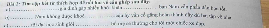 Tìm cặp kết từ thích hợp để nổi hai về câu ghép sau đây: bạn Nam vẫn phần đấu học tốt. 
a) _gia đình gặp nhiều khó khăn._ 
b) _Nam không được khoẻ_ 
Ácậu ấy vẫn cố gắng hoàn thành đầy đủ bài tập về nhà. 
c) _tôi đạt học sinh giỏi _bố mẹ sẽ thưởng cho tôi một chiếc xe đạp.