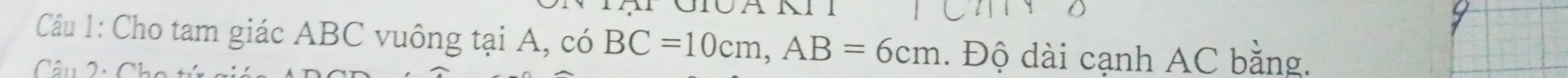 Cho tam giác ABC vuông tại A, có BC=10cm, AB=6cm. Độ dài cạnh AC bằng. 
Câu 2: Chc