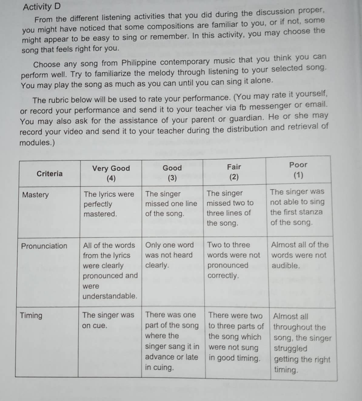 Activity D 
From the different listening activities that you did during the discussion proper, 
you might have noticed that some compositions are familiar to you, or if not, some 
might appear to be easy to sing or remember. In this activity, you may choose the 
song that feels right for you. 
Choose any song from Philippine contemporary music that you think you can 
perform well. Try to familiarize the melody through listening to your selected song. 
You may play the song as much as you can until you can sing it alone. 
The rubric below will be used to rate your performance. (You may rate it yourself, 
or record your performance and send it to your teacher via fb messenger or email. 
You may also ask for the assistance of your parent or guardian. He or she may 
record your video and send it to your teacher during the distribution and retrieval of 
modules.)