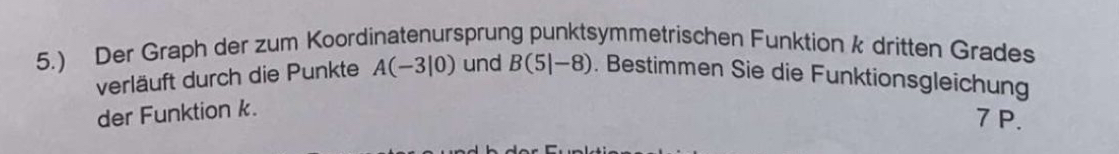 5.) Der Graph der zum Koordinatenursprung punktsymmetrischen Funktion k dritten Grades 
verläuft durch die Punkte A(-3|0) und B(5|-8). Bestimmen Sie die Funktionsgleichung 
der Funktion k.
7 P.