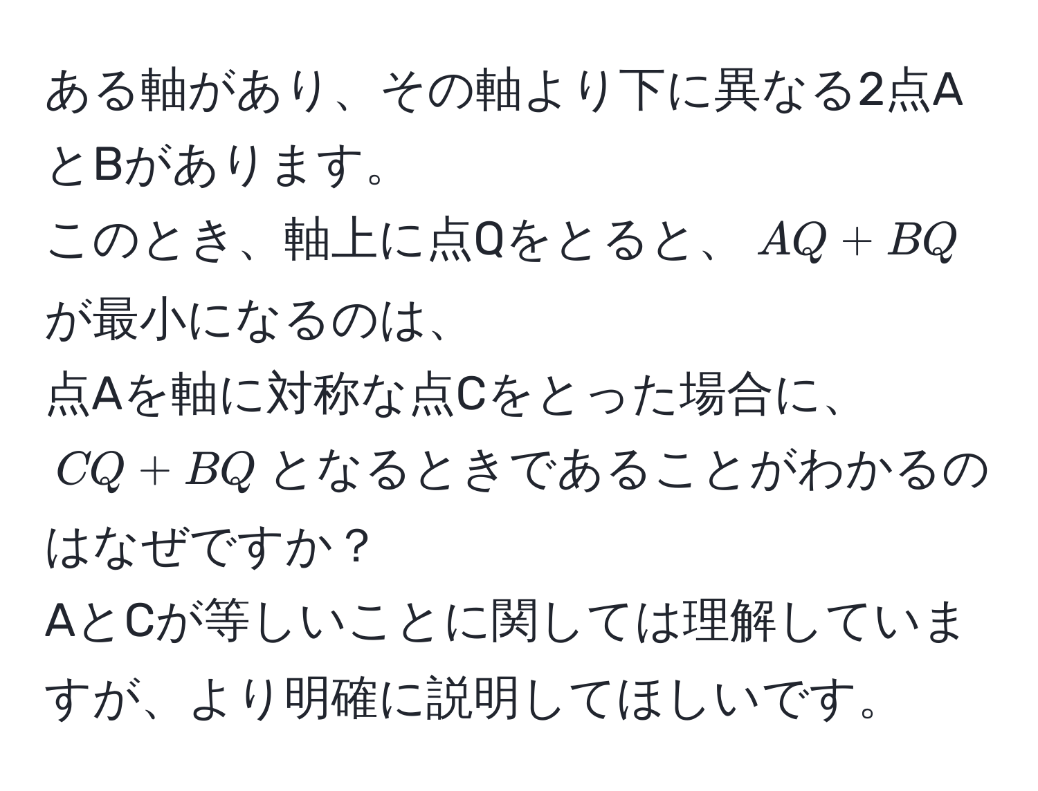 ある軸があり、その軸より下に異なる2点AとBがあります。  
このとき、軸上に点Qをとると、$AQ + BQ$が最小になるのは、  
点Aを軸に対称な点Cをとった場合に、$CQ + BQ$となるときであることがわかるのはなぜですか？  
AとCが等しいことに関しては理解していますが、より明確に説明してほしいです。