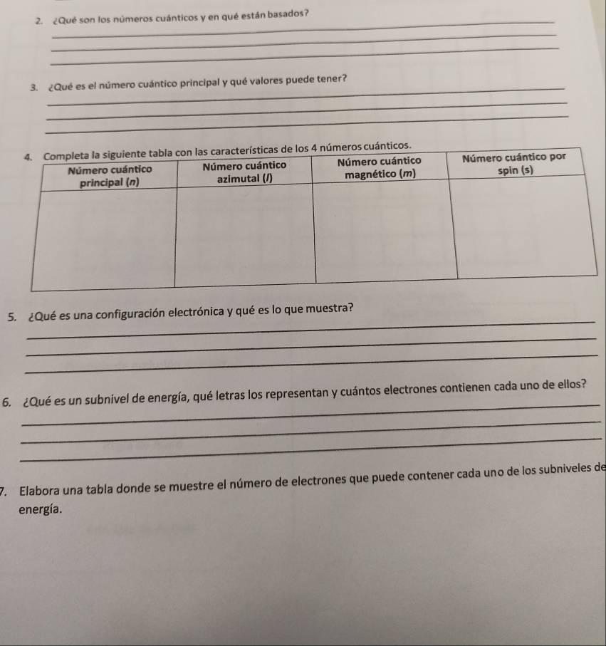 ¿Qué son los números cuánticos y en qué están basados? 
_ 
_ 
_ 
3. ¿Qué es el número cuántico principal y qué valores puede tener? 
_ 
_ 
_ 
5. ¿Qué es una configuración electrónica y qué es lo que muestra? 
_ 
_ 
_ 
6. ¿Qué es un subnivel de energía, qué letras los representan y cuántos electrones contienen cada uno de ellos? 
_ 
_ 
7. Elabora una tabla donde se muestre el número de electrones que puede contener cada uno de los subniveles de 
energía.