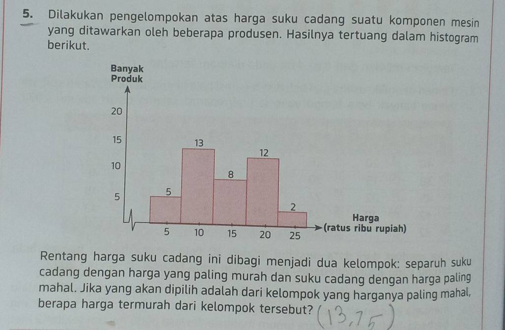 Dilakukan pengelompokan atas harga suku cadang suatu komponen mesin 
yang ditawarkan oleh beberapa produsen. Hasilnya tertuang dalam histogram 
berikut. 
Rentang harga suku cadang ini dibagi menjadi dua kelompok: separuh suku 
cadang dengan harga yang paling murah dan suku cadang dengan harga paling 
mahal. Jika yang akan dipilih adalah dari kelompok yang harganya paling mahal, 
berapa harga termurah dari kelompok tersebut?