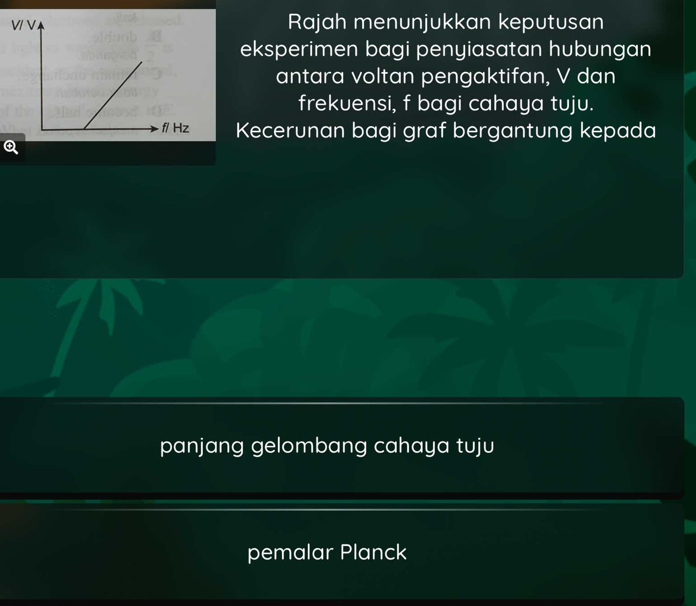 Rajah menunjukkan keputusan 
eksperimen bagi penyiasatan hubungan 
antara voltan pengaktifan, V dan 
frekuensi, f bagi cahaya tuju. 
Kecerunan bagi graf bergantung kepada 
panjang gelombang cahaya tuju 
pemalar Planck