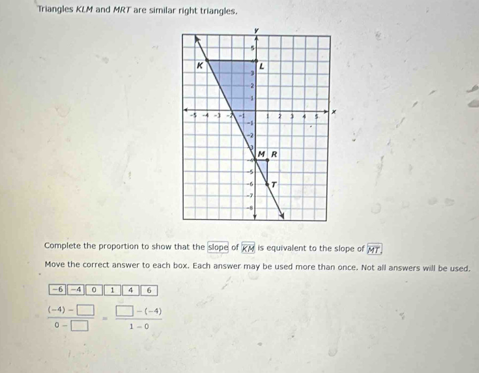 Triangles KLM and MRT are similar right triangles. 
Complete the proportion to show that the slope of overline KM is equivalent to the slope of overline MT. 
Move the correct answer to each box. Each answer may be used more than once. Not all answers will be used,
-6 -4 0 1 4 6
 ((-4)-□ )/0-□  = (□ -(-4))/1-0 