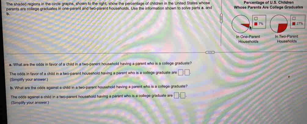 The shaded regions in the circle graphs, shown to the right, show the percentage of children in the United States whose Percentage of U.S. Children 
parents are college graduates in one-parent and two-parent households. Use the information shown to solve parts a. and Whose Parents Are College Graduates 
b. 
□
7% 27%
In One-Parent In Two-Parent 
Households Households 
a. What are the odds in favor of a child in a two-parent household having a parent who is a college graduate? 
The odds in favor of a child in a two-parent household having a parent who is a college graduate are □ :□. 
(Simplify your answer.) 
b. What are the odds against a child in a two-parent household having a parent who is a college graduate? 
The odds against a child in a two-parent household having a parent who is a college graduate are □ :□. 
(Simplify your answer.)