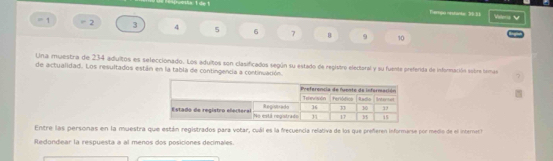 vnta: 1 de 1 
Thempo nestanko: 20. 10 Vers V
1 2 3 4 5 6 7 8 9 10
Una muestra de 234 adultos es seleccionado. Los adultos son clasificados según su estado de registro electaral y su fuente preferida de información sobre tamas 
de actualidad. Los resultados están en la tabla de contingencia a continuación. 
Entre las personas en la muestra que están registrados para votar, cuál es la frecuencia relativa de los que preferen informarse por medio de el internet? 
Redondear la respuesta a al menos dos posiciones decimales.