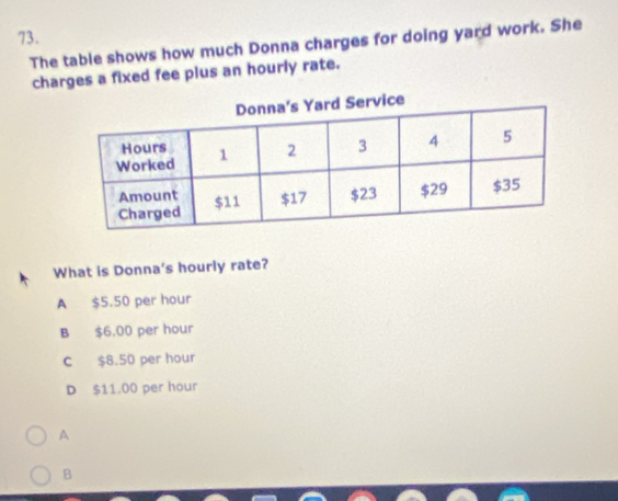 The table shows how much Donna charges for doing yard work. She
charges a fixed fee plus an hourly rate.
What is Donna's hourly rate?
A $5.50 per hour
B $6,00 per hour
C $8.50 per hour
D $11.00 per hour
A
B