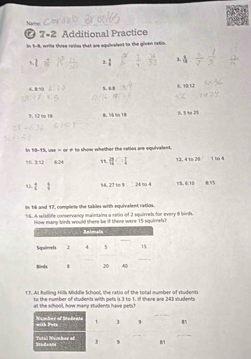 Name
7=2 * Additional Practice 
In 1-9, write three ratios that are equivalent to the given ratio. 
2.  4/8 
3.  6/18 
5. 6
4 S-10 6:8
6. 10:12
7. 12 to 18 8, 16 to 18 9, 5 to 25
In 10-15, use=or!= to show whether the ratios are equivalent. 
10. 3:12 6:24 11.  28/16   7/4  12. 4 to 20 1 to 4
13.  4/6 - 6/9  14. 27 to 9:24 to 4 15. 6:10 8:15
In 16 and 17, complete the tables with equivalent ratios. 
16. A wildlife conservancy maintains a ratio of 2 squirrels for every 8 birds. 
How many birds would there be if there were 15 squirrels? 
17. At Rolling Hills Middle School, the ratio of the total number of students 
to the number of students with pets is 3 to 1. If there are 243 students 
at the school, how many students have pets?