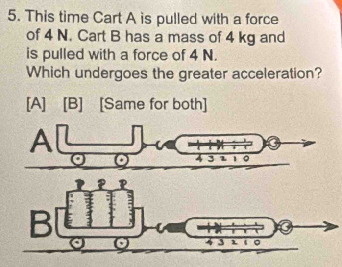 This time Cart A is pulled with a force
of 4 N. Cart B has a mass of 4 kg and
is pulled with a force of 4 N.
Which undergoes the greater acceleration?
[A] [B] [Same for both]
A
2
B