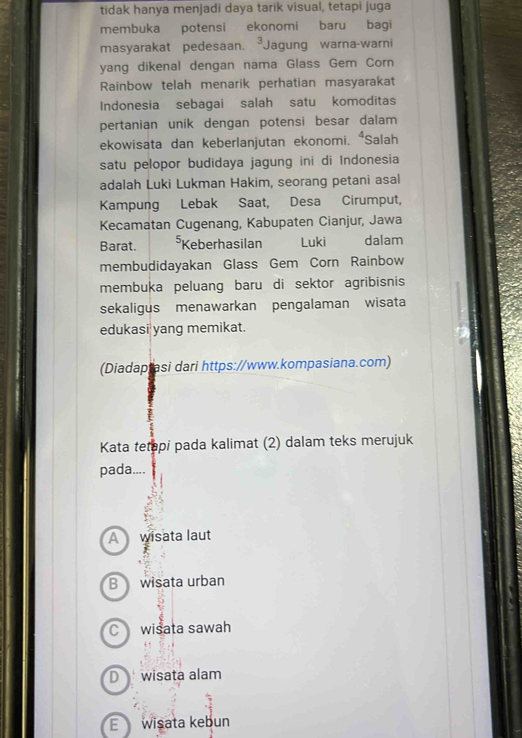 tidak hanya menjadi daya tarik visual, tetapi juga
membuka potensi ekonomi baru bagi
masyarakat pedesaan. ³Jagung warna-warni
yang dikenal dengan nama Glass Gem Corn
Rainbow telah menarik perhatian masyarakat
Indonesia sebagai salah satu komoditas
pertanian unik dengan potensi besar dalam
ekowisata dan keberlanjutan ekonomi. “Salah
satu pelopor budidaya jagung ini di Indonesia
adalah Luki Lukman Hakim, seorang petani asal
Kampung Lebak Saat, Desa Cirumput,
Kecamatan Cugenang, Kabupaten Cianjur, Jawa
Barat. ⁵Keberhasilan Luki dalam
membudidayakan Glass Gem Corn Rainbow
membuka peluang baru di sektor agribisnis 
sekaligus menawarkan pengalaman wisata
edukasi yang memikat.
(Diadaptasi dari https://www.kompasiana.com)
Kata tetapi pada kalimat (2) dalam teks merujuk
pada....
A wisata laut
B wisata urban
C wisata sawah
D wisata alam
E wisata kebun