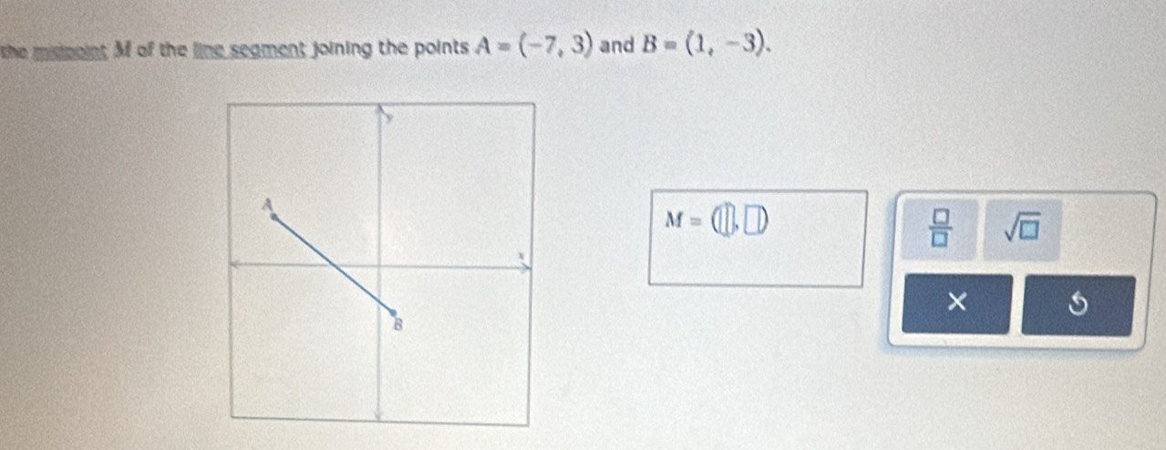 the mispeint M of the line seament joining the points A=(-7,3) and B=(1,-3).
M=(□ ,□ )
 □ /□   sqrt(□ ) 
×