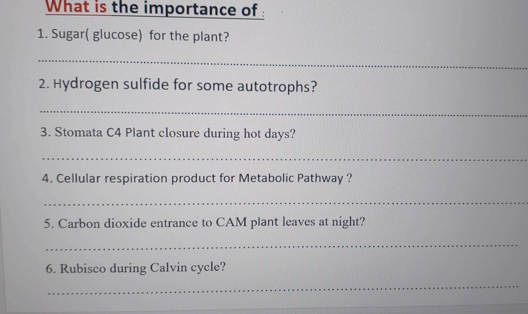 What is the importance of: 
1. Sugar( glucose) for the plant? 
_ 
2. Hydrogen sulfide for some autotrophs? 
_ 
3. Stomata C4 Plant closure during hot days? 
_ 
4. Cellular respiration product for Metabolic Pathway ? 
_ 
5. Carbon dioxide entrance to CAM plant leaves at night? 
_ 
6. Rubisco during Calvin cycle? 
_