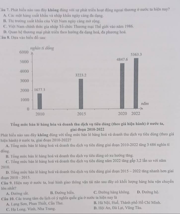 Phát biểu nào sau đây không đúng với sự phát triển hoạt động ngoại thương ở nước ta hiện nay?
A. Các mặt hàng xuất khẩu và nhập khẩu ngày càng đa dạng.
B. Thị trường xuất khẩu của Việt Nam ngày cảng mở rộng.
C. Việt Nam chính thức gia nhập Tổ chức Thương mại Thế giới vào năm 1986.
D. Quan hệ thương mại phát triển theo hướng đa dạng hoá, đa phương hoá.
Câu 8. Dựa vào biểu đồ sau:
Tổng mức bán lẻ hàng hóa và doanh thu dịch vụ tiêu dùng (theo giá hiện hành) ở nước ta,
giai đoạn 2010-2022
Phát biểu nào sau đây không đúng với tổng mức bán lẻ hàng hoá và doanh thu dịch vụ tiêu dùng (theo giá
hiện hành) ở nước ta, giai đoạn 2010-2022?
A. Tổng mức bán lẻ hàng hoá và doanh thu dịch vụ tiêu dùng giai đoạn 2010-2022 tăng 3 686 nghìn tỉ
đồng.
B. Tổng mức bán lẻ hàng hoá và doanh thu dịch vụ tiêu dùng có xu hướng tăng.
C. Tổng mức bán lẻ hàng hoá và doanh thu dịch vụ tiêu dùng năm 2022 tăng gấp 3,2 lần so với năm
2010.
D. Tổng mức bán lẻ hàng hoá và doanh thu dịch vụ tiêu dùng giai đoạn 2015 - 2022 tāng nhanh hơn giai
đoạn 2010 - 2015.
Câu 9. Hiện nay ở nước ta, loại hình giao thông vận tải nào sau đây có khối lượng hàng hóa vận chuyền
lớn nhất?
A. Đường sắt. B. Đường biển. C. Đường hàng không. D. Đường bộ.
Câu 10. Các trung tâm du lịch có ý nghĩa quốc gia ở nước ta hiện nay là
A. Lạng Sơn, Phan Thiết, Cần Thơ. B. Hà Nội, Huế, Thành phố Hồ Chí Minh.
C. Hạ Long, Vinh, Nha Trang. D. Hội An, Đà Lạt, Vũng Tàu.