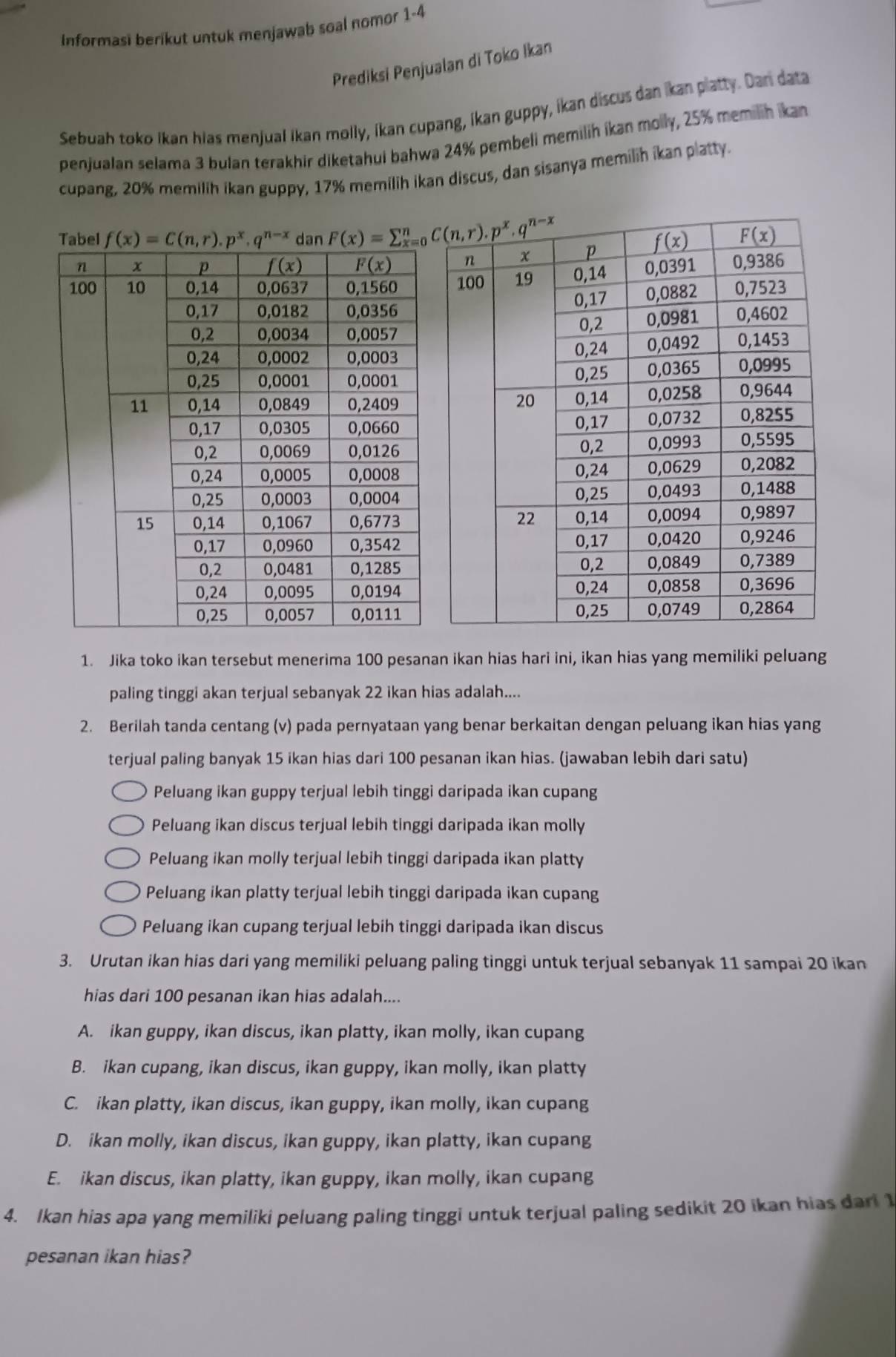 Informasi berikut untuk menjawab soal nomor 1-4
Prediksi Penjualan di Toko Ikan
Sebuah toko Ikan hias menjual ikan molly, ikan cupang, ikan guppy, ikan discus dan ikan platty. Dan data
penjualan selama 3 bulan terakhir diketahui bahwa 24% pembeli memilih ikan molly, 25% memilih ikan
cupang, 20% memilih ikan guppy, 17% memilih ikan discus, dan sisanya memilih ikan platty.
1. Jika toko ikan tersebut menerima 100 pesanan ikan hias hari ini, ikan hias yang memiliki peluang
paling tinggi akan terjual sebanyak 22 ikan hias adalah....
2. Berilah tanda centang (v) pada pernyataan yang benar berkaitan dengan peluang ikan hias yang
terjual paling banyak 15 ikan hias dari 100 pesanan ikan hias. (jawaban lebih dari satu)
Peluang ikan guppy terjual lebih tinggi daripada ikan cupang
Peluang ikan discus terjual lebih tinggi daripada ikan molly
Peluang ikan molly terjual lebih tinggi daripada ikan platty
Peluang ikan platty terjual lebih tinggi daripada ikan cupang
Peluang ikan cupang terjual lebih tinggi daripada ikan discus
3. Urutan ikan hias dari yang memiliki peluang paling tinggi untuk terjual sebanyak 11 sampai 20 ikan
hias dari 100 pesanan ikan hias adalah....
A. ikan guppy, ikan discus, ikan platty, ikan molly, ikan cupang
B. ikan cupang, ikan discus, ikan guppy, ikan molly, ikan platty
C. ikan platty, ikan discus, ikan guppy, ikan molly, ikan cupang
D. ikan molly, ikan discus, ikan guppy, ikan platty, ikan cupang
E. ikan discus, ikan platty, ikan guppy, ikan molly, ikan cupang
4. Ikan hias apa yang memiliki peluang paling tinggi untuk terjual paling sedikit 20 ikan hias dari 1
pesanan ikan hias?