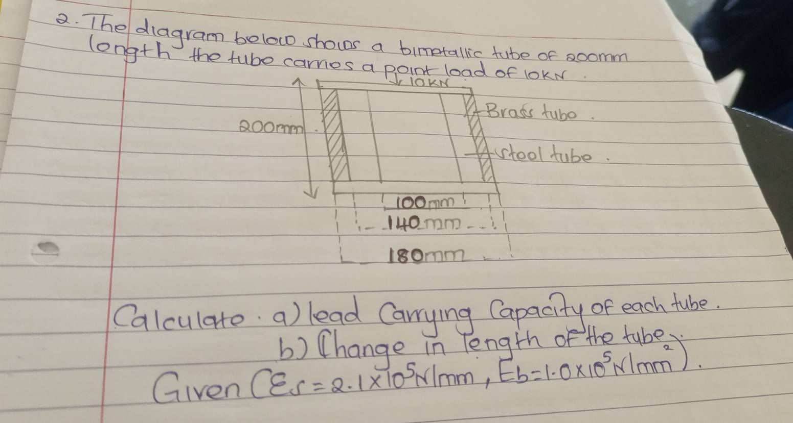 The diagram below shows a bimetallic tube of aoomm
longth the tube carries a point load of lOKN 
Jr iOKN 
Brass tube. 
goomm 
tool tube.
1o0mm
140 mm
18omm
Calculato a) lead Carrying Capacity of each tube 
b) Change in length of the tube 
Given (varepsilon _S=2.1* 10^5N/mm, E_b=1.0* 10^5N/mm^2).