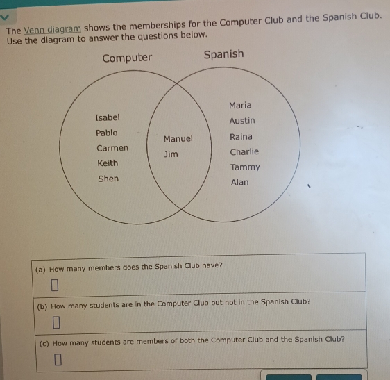 The Venn diagram shows the memberships for the Computer Club and the Spanish Club. 
Use the diagram to answer the questions below. 
(a) How many members does the Spanish Club have? 
(b) How many students are in the Computer Club but not in the Spanish Club? 
(c) How many students are members of both the Computer Club and the Spanish Club?